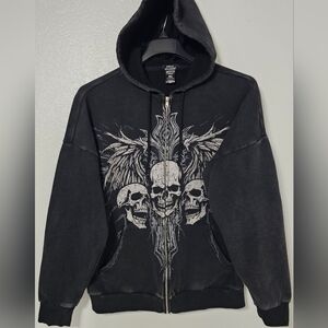 Social Collision Y2K Skull Zip Hoodie XS Mall Goth Grunge Alt Graphic
